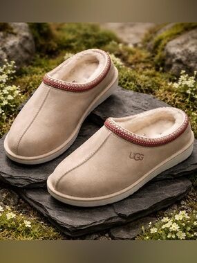 UGG Women's Tan Suede Slip-On Moccasin Slippers with Red Trim